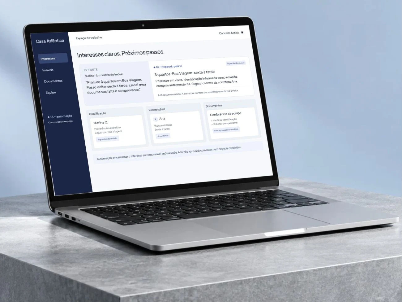 Ambiente ilustrativo de equipe imobiliária com registros de solicitações, responsáveis e próximas ações.