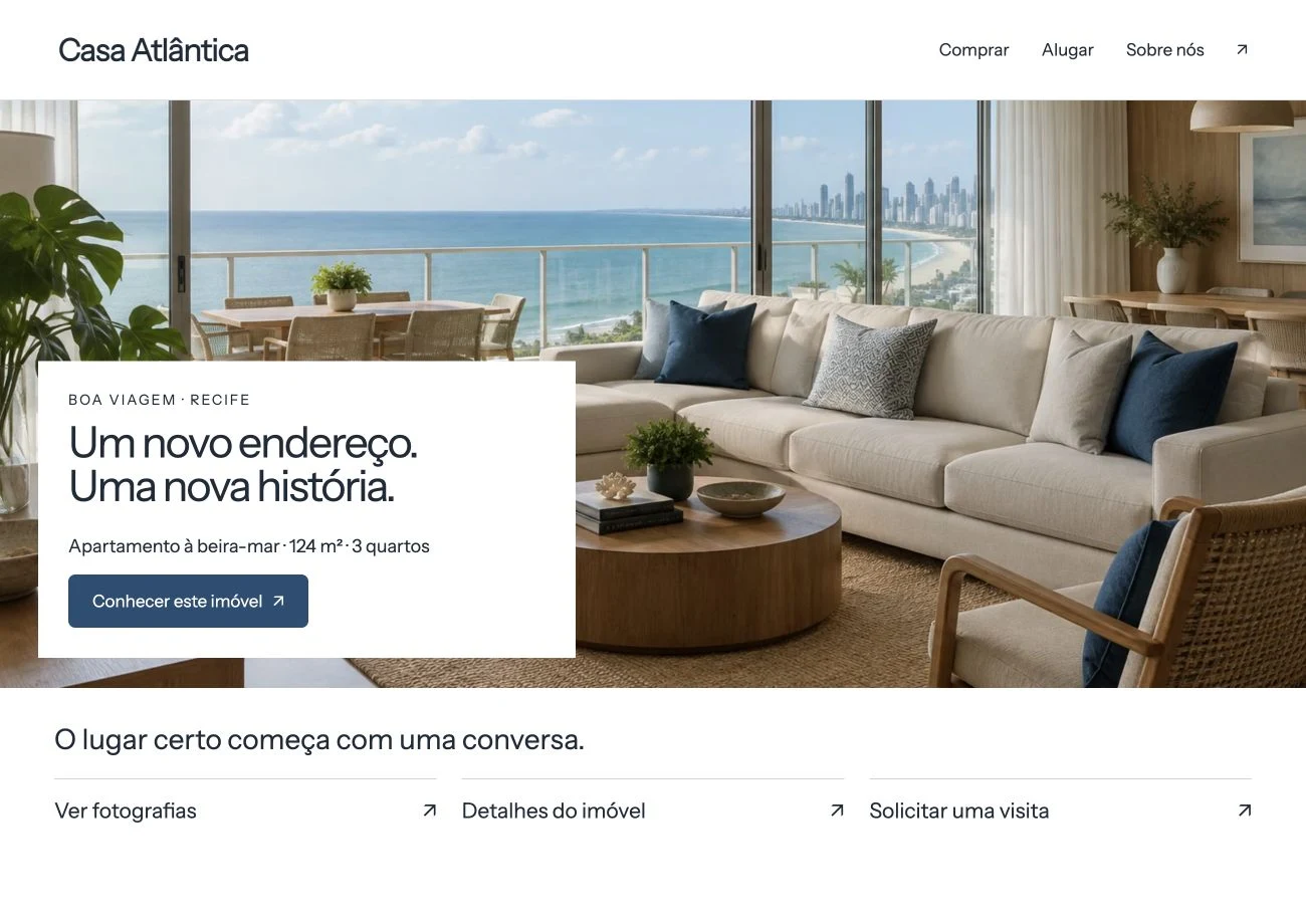 Site imobiliário ilustrativo com informações de imóveis e caminho para enviar uma solicitação.