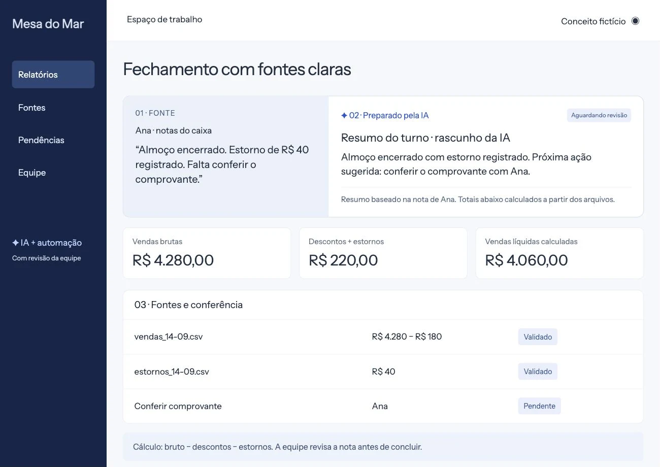 Ambiente ilustrativo de restaurante com resumo de vendas baseado nas fontes e conferências para revisão da equipe.