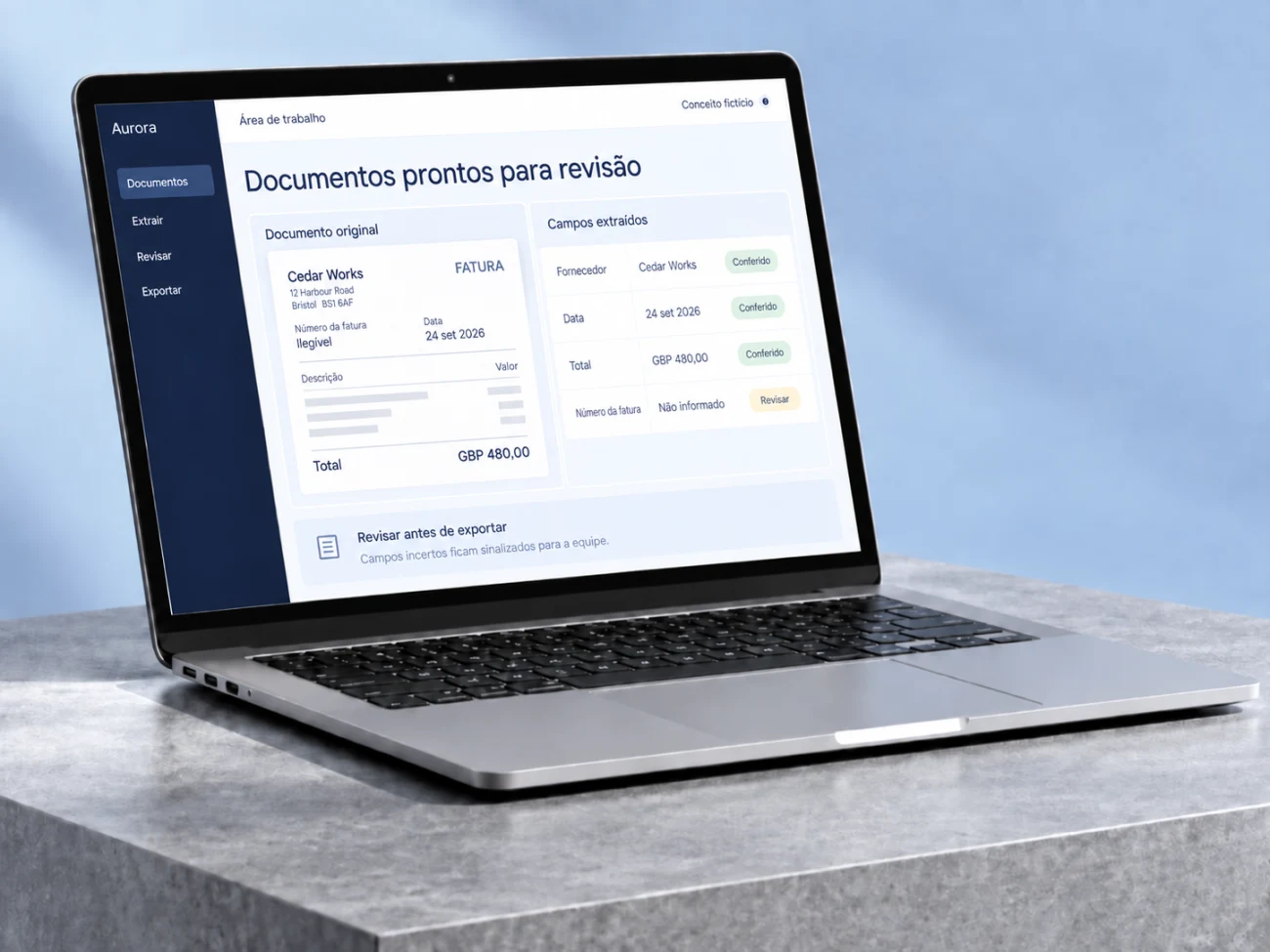 Ambiente ilustrativo de notas com campos de origem, valores extraídos conferidos e número desconhecido marcado para revisão.