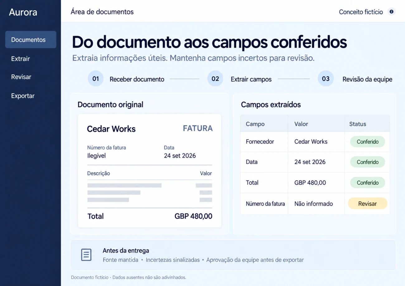 Ambiente ilustrativo de notas com campos de origem, valores extraídos conferidos e número desconhecido marcado para revisão.