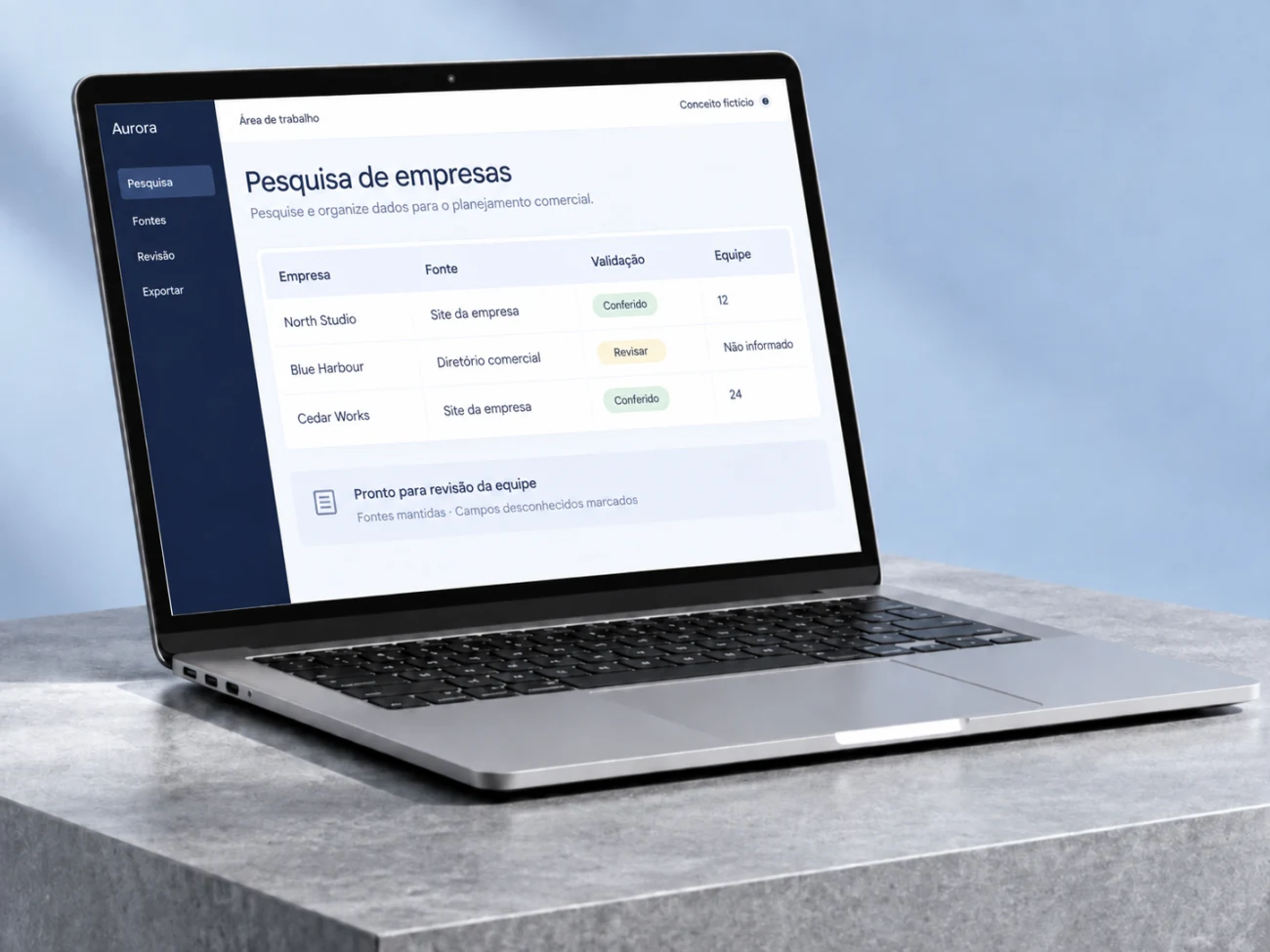 Registros empresariais ilustrativos com fontes, status de validação e campos desconhecidos.