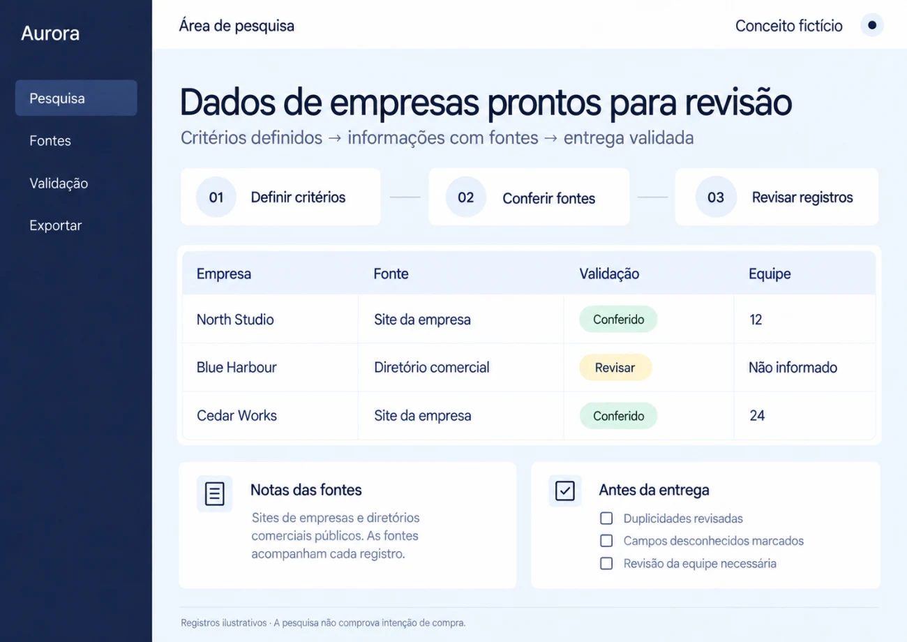 Registros empresariais ilustrativos com fontes, status de validação e campos desconhecidos.