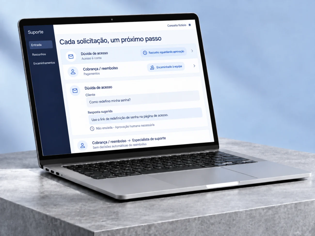 Caixa de suporte ilustrativa com chamados classificados, resposta aguardando aprovação e caso sensível atribuído à equipe.