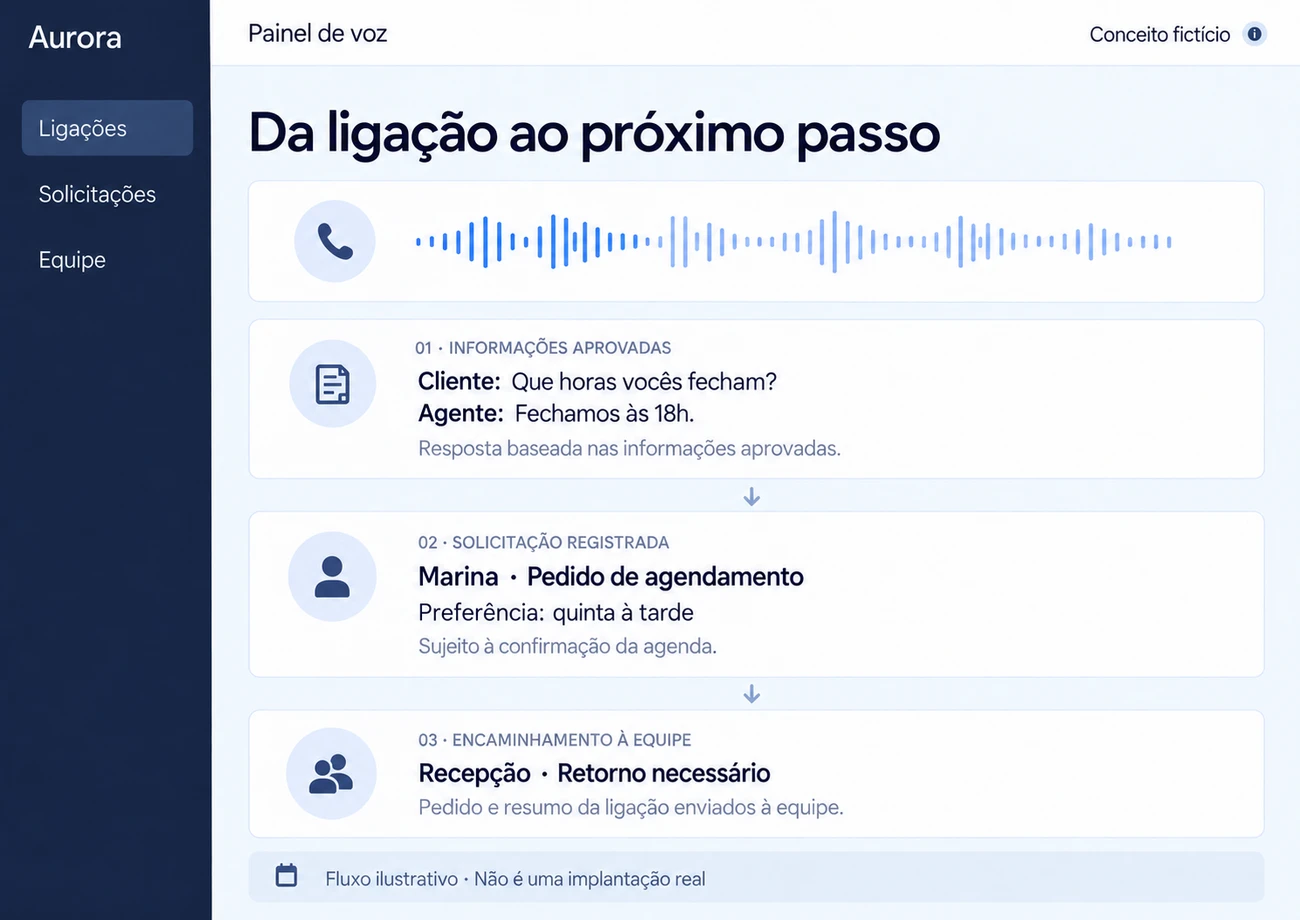 Interface ilustrativa de atendimento telefônico com solicitação, resumo da ligação e encaminhamento humano.