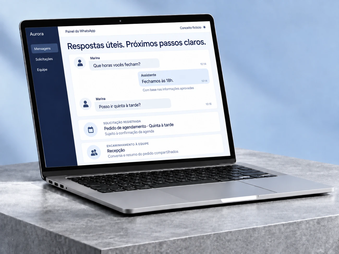 Ambiente ilustrativo de mensagens com resposta aprovada, pedido registrado e encaminhamento humano.